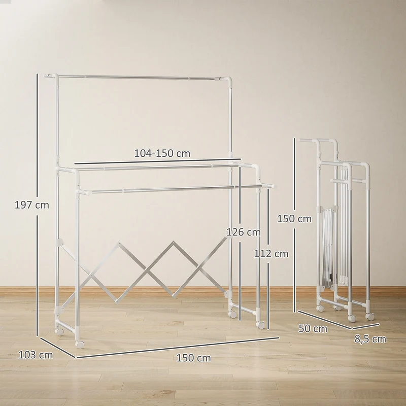 Séchoir à linge pliable 104-150 x 103 x 145-197 cm barres réglables gain de place moderne en acier inoxydable argenté 21_0005884