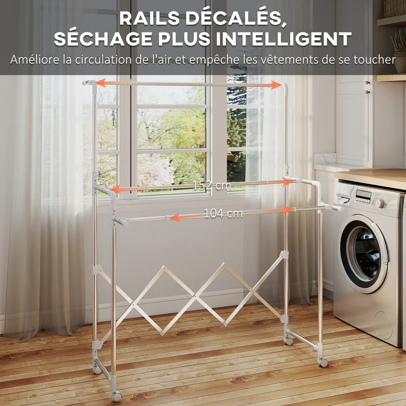 Séchoir à linge pliable 104-150 x 103 x 145-197 cm barres réglables gain de place moderne en acier inoxydable argenté 21_0005884