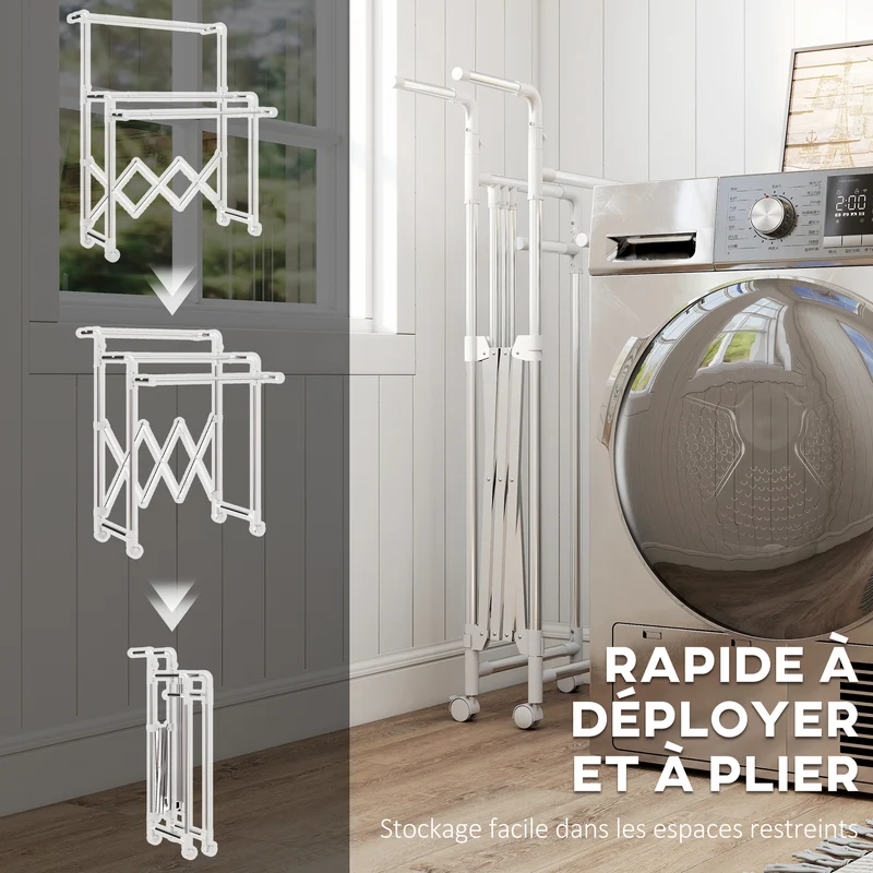 Séchoir à linge pliable 104-150 x 103 x 145-197 cm barres réglables gain de place moderne en acier inoxydable argenté 21_0005884