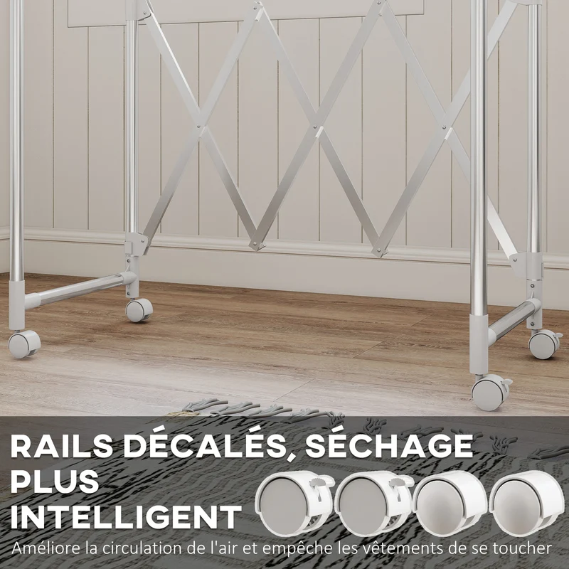 Séchoir à linge pliable 104-150 x 103 x 145-197 cm barres réglables gain de place moderne en acier inoxydable argenté 21_0005884