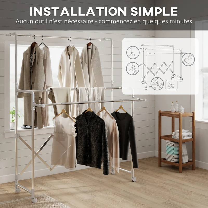 Séchoir à linge pliable 104-150 x 103 x 145-197 cm barres réglables gain de place moderne en acier inoxydable argenté 21_0005884