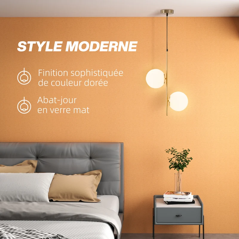 Suspension double abat-jours entrée salon 32 x 15 x 51 cm réglable lumière diffuse style moderne épuré en métal doré 21_0007037