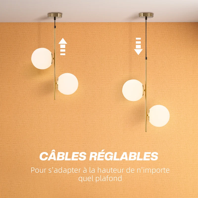 Suspension double abat-jours entrée salon 32 x 15 x 51 cm réglable lumière diffuse style moderne épuré en métal doré 21_0007037