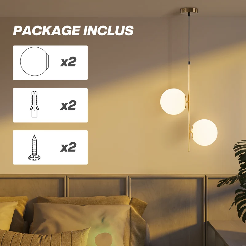 Suspension double abat-jours entrée salon 32 x 15 x 51 cm réglable lumière diffuse style moderne épuré en métal doré 21_0007037