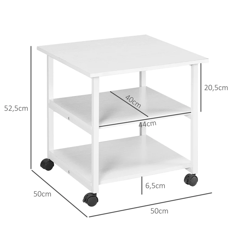 Support imprimante mobile 3 niveaux 50 x 50 x 52,5 cm gain de place roulettes 2 freins style moderne en mélaminé blanc 21_0006397