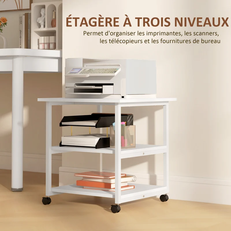 Support imprimante mobile 3 niveaux 50 x 50 x 52,5 cm gain de place roulettes 2 freins style moderne en mélaminé blanc 21_0006397