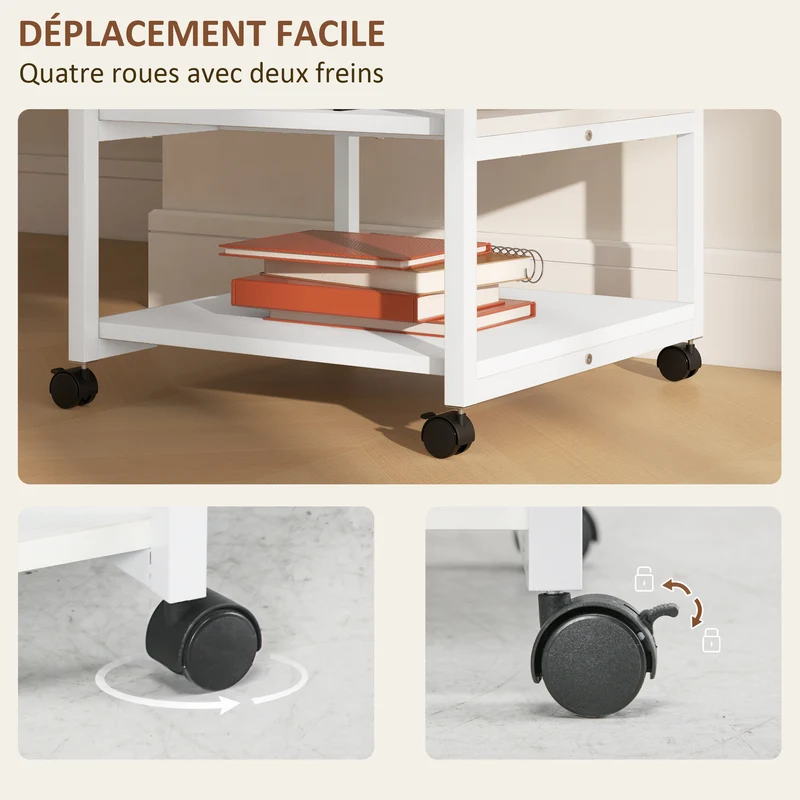 Support imprimante mobile 3 niveaux 50 x 50 x 52,5 cm gain de place roulettes 2 freins style moderne en mélaminé blanc 21_0006397