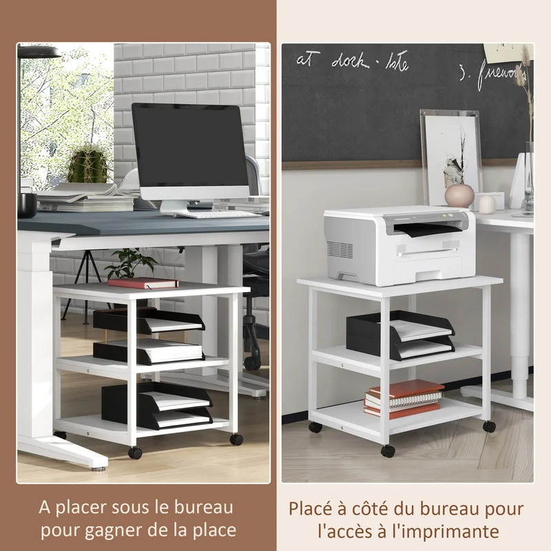 Support imprimante mobile 3 niveaux 50 x 50 x 52,5 cm gain de place roulettes 2 freins style moderne en mélaminé blanc 21_0006397