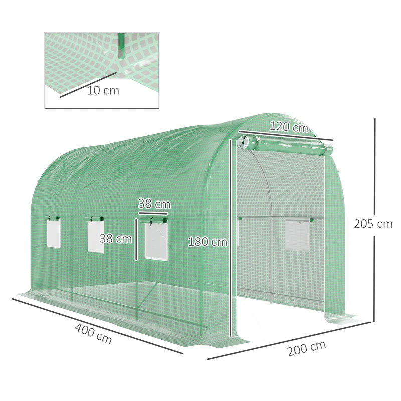 Serre de jardin tunnel 4 x 2 x 2,05 m protection anti-uv aération moustiquaires style contemporain en polyéthylène vert 21_0004104