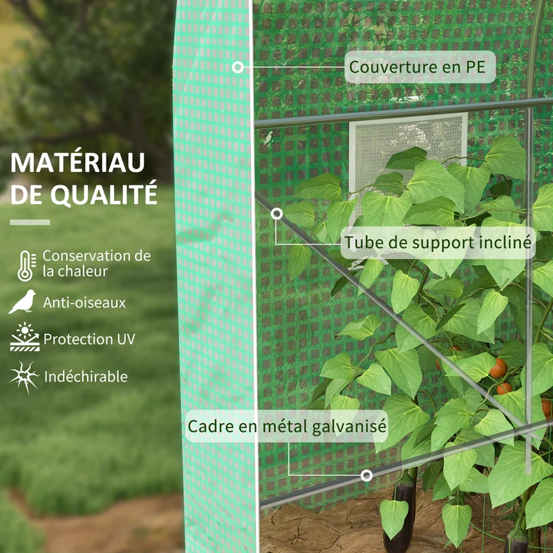Serre de jardin tunnel 4 x 2 x 2,05 m protection anti-uv aération moustiquaires style contemporain en polyéthylène vert 21_0004104