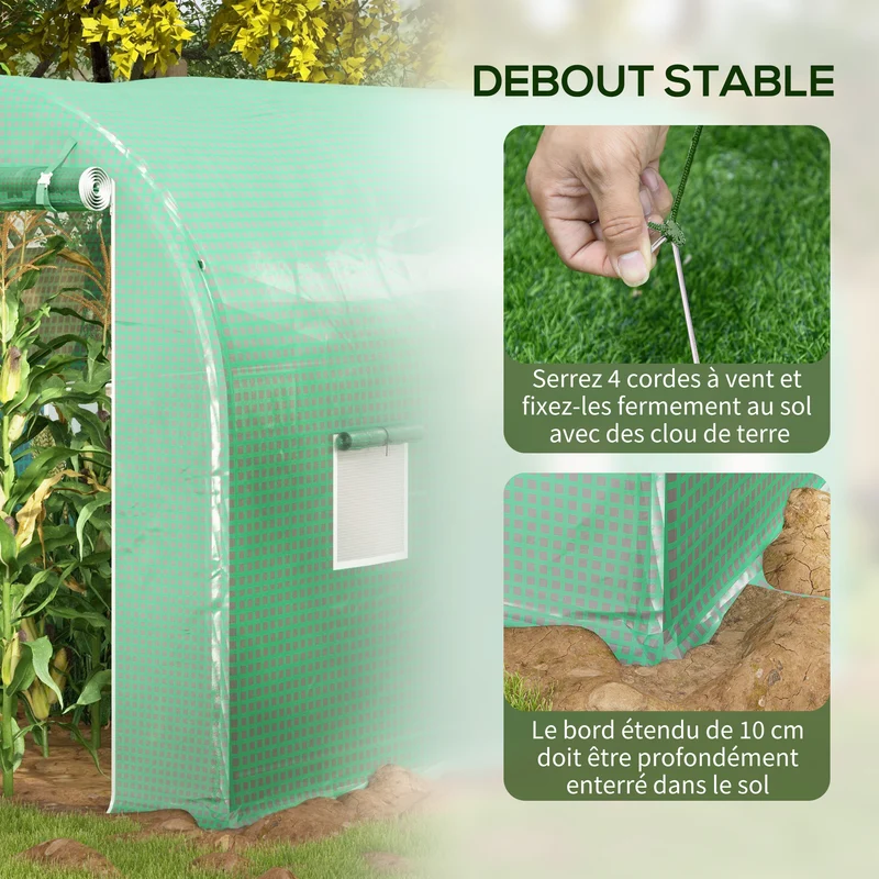 Serre de jardin tunnel 4 x 2 x 2,05 m protection anti-uv aération moustiquaires style contemporain en polyéthylène vert 21_0004104