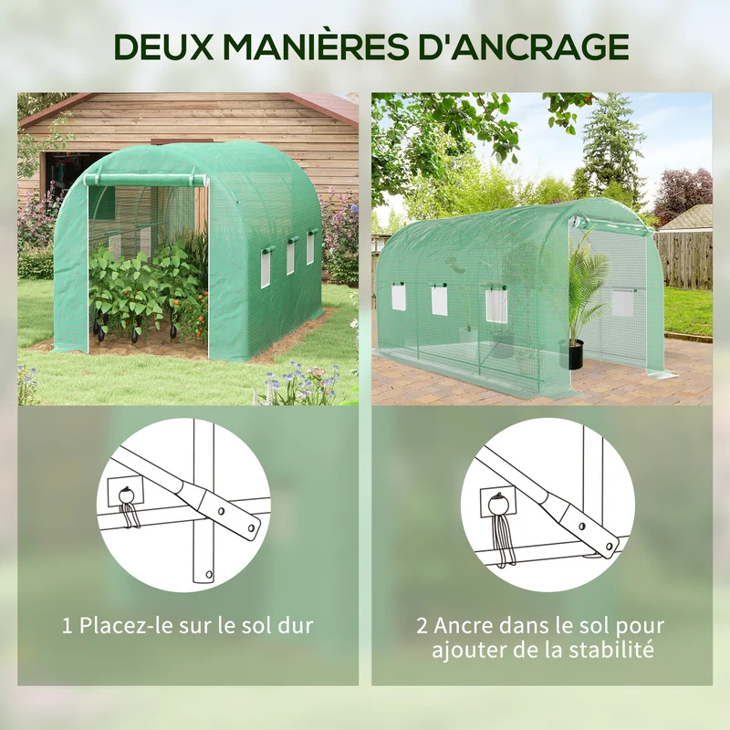 Serre de jardin tunnel 4 x 2 x 2,05 m protection anti-uv aération moustiquaires style contemporain en polyéthylène vert 21_0004104