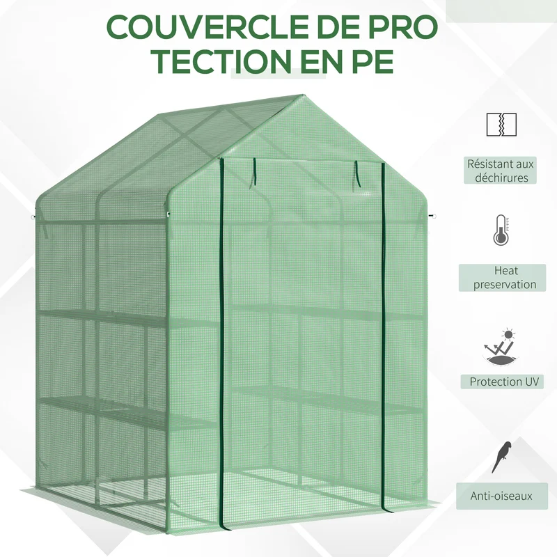 Serre de jardin balcon terrasse 143 x 138 x 190 cm 8 étagères idéal pour semis style contemporain moderne en pe vert 21_0004205