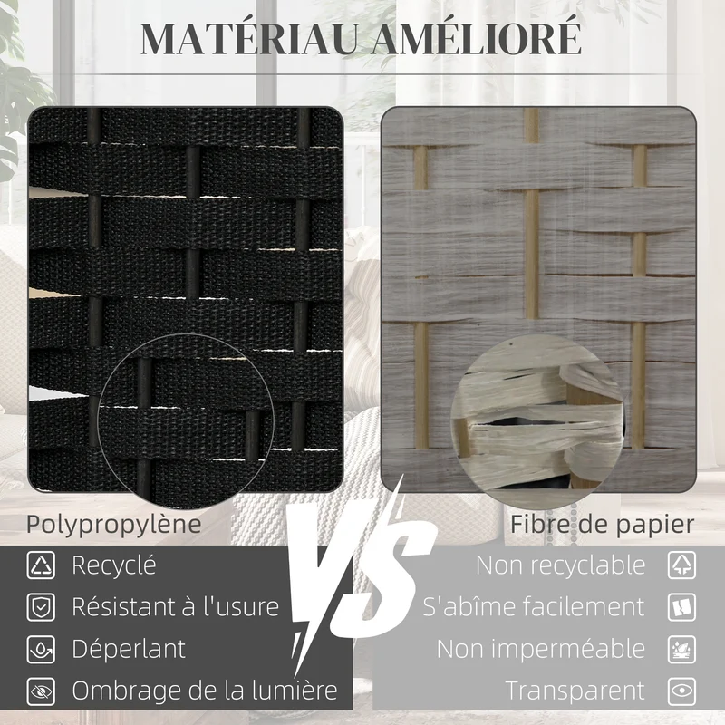 Paravent intérieur 6 panneaux séparateur pièce pliable 240 x 1.6 x 170 cm intimité scandinave en polypropylène noir 21_0001325