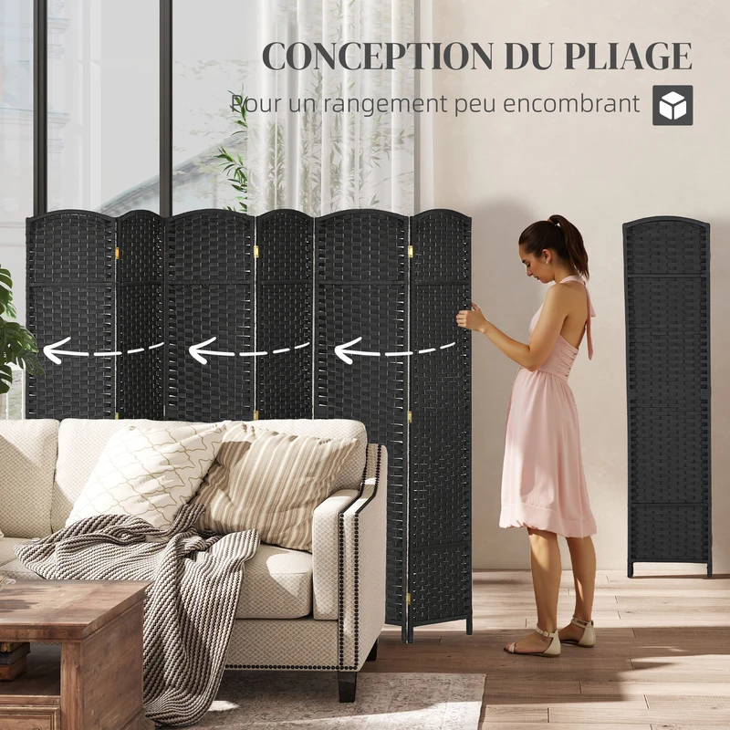 Paravent intérieur 6 panneaux séparateur pièce pliable 240 x 1.6 x 170 cm intimité scandinave en polypropylène noir 21_0001325