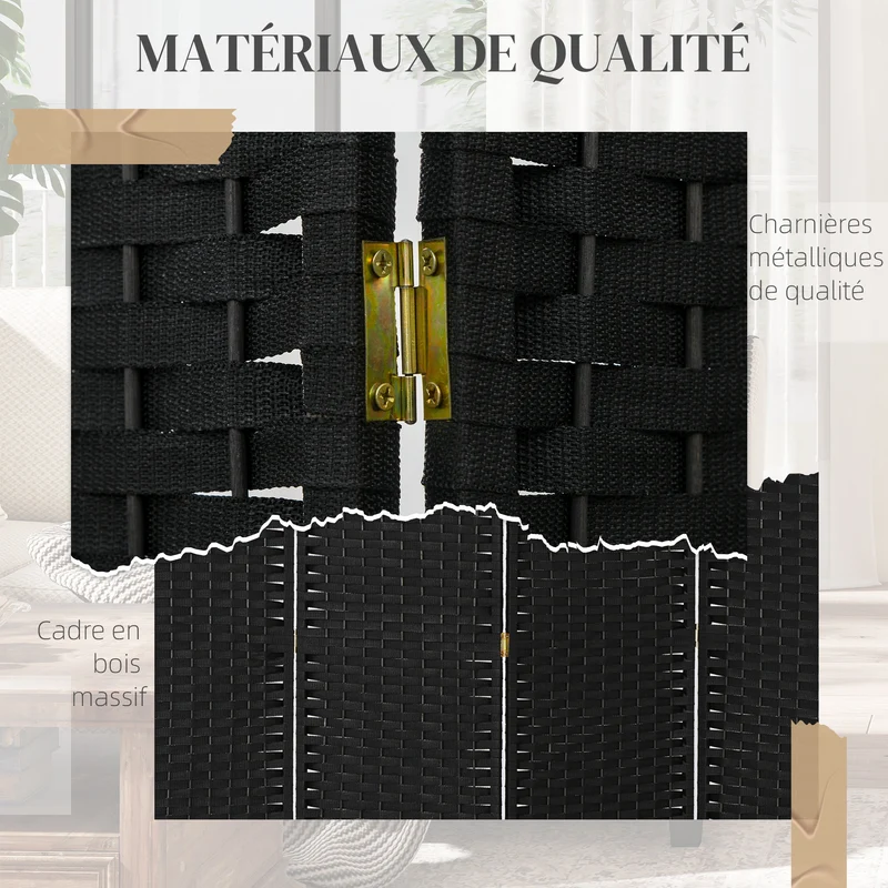 Paravent intérieur 6 panneaux séparateur pièce pliable 240 x 1.6 x 170 cm intimité scandinave en polypropylène noir 21_0001325