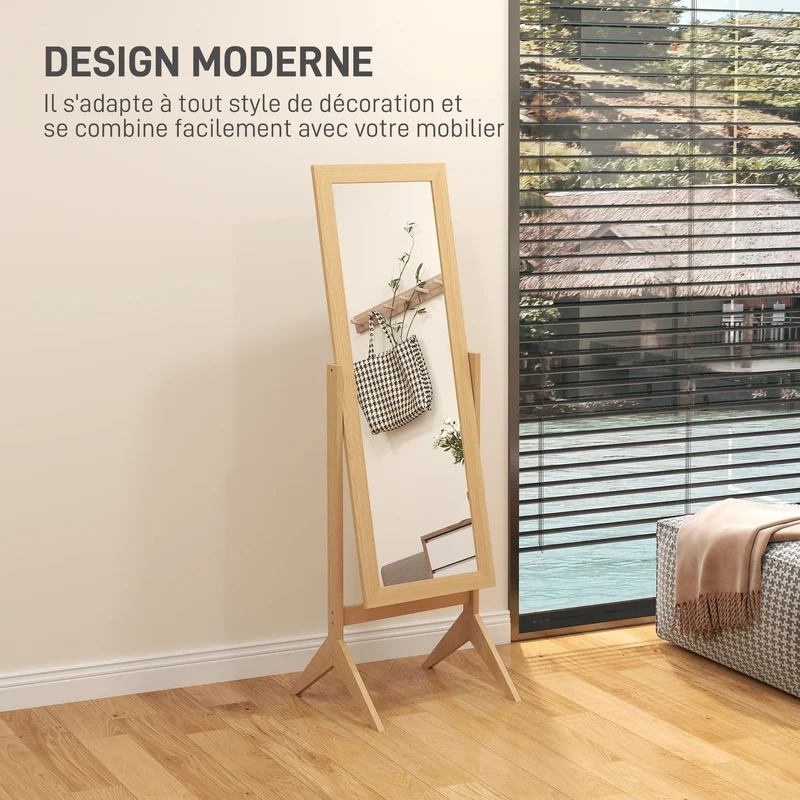 Miroir sur pied dressing 47 x 46 x 148 cm inclinaison réglable deux angles vue intégrale classique épuré en MDF chêne 21_0001442