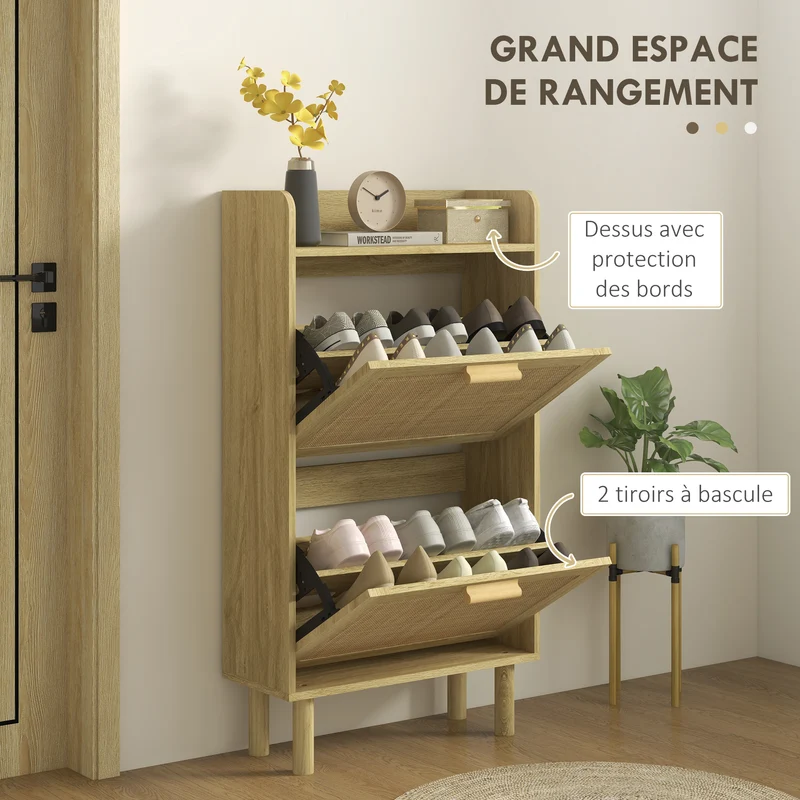 Meuble à chaussures compact entrée 80 x 24.5 x 110 cm modulable gain de place bohème en panneau de particules chêne 21_0002713