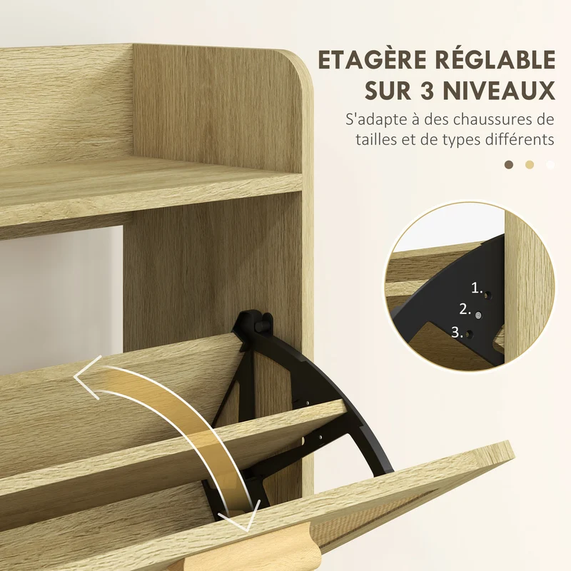 Meuble à chaussures compact entrée 80 x 24.5 x 110 cm modulable gain de place bohème en panneau de particules chêne 21_0002713