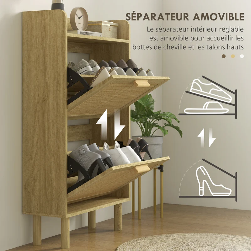 Meuble à chaussures compact entrée 80 x 24.5 x 110 cm modulable gain de place bohème en panneau de particules chêne 21_0002713