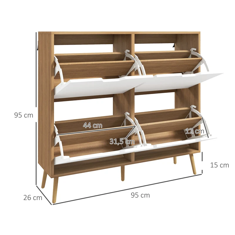 Meuble à chaussures 4 abattants 95 x 26 x 95 cm 16 paires étagère réglable anti basculement épuré entrée en bois naturel 21_0002675