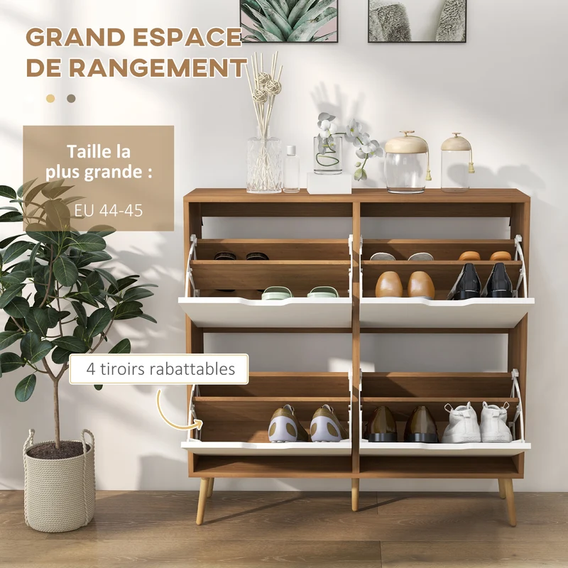 Meuble à chaussures 4 abattants 95 x 26 x 95 cm 16 paires étagère réglable anti basculement épuré entrée en bois naturel 21_0002675