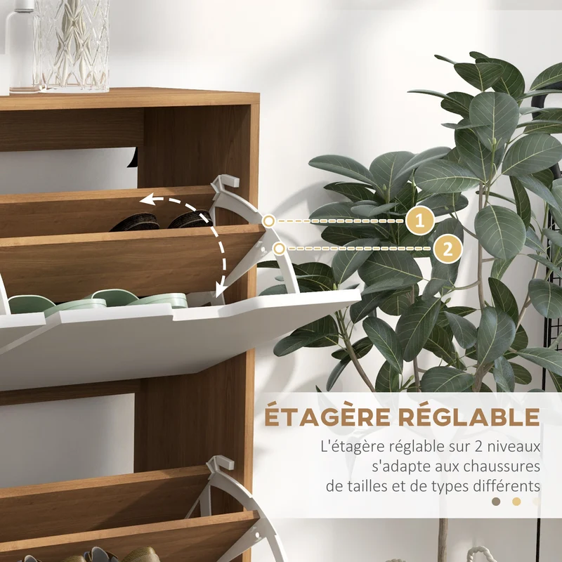 Meuble à chaussures 4 abattants 95 x 26 x 95 cm 16 paires étagère réglable anti basculement épuré entrée en bois naturel 21_0002675