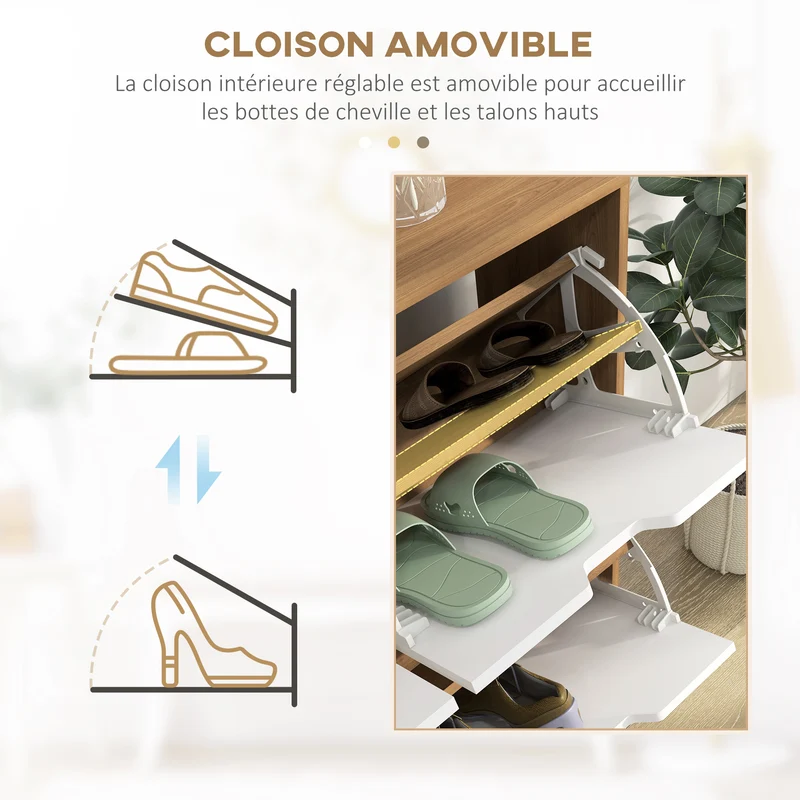 Meuble à chaussures 4 abattants 95 x 26 x 95 cm 16 paires étagère réglable anti basculement épuré entrée en bois naturel 21_0002675