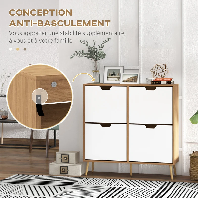 Meuble à chaussures 4 abattants 95 x 26 x 95 cm 16 paires étagère réglable anti basculement épuré entrée en bois naturel 21_0002675