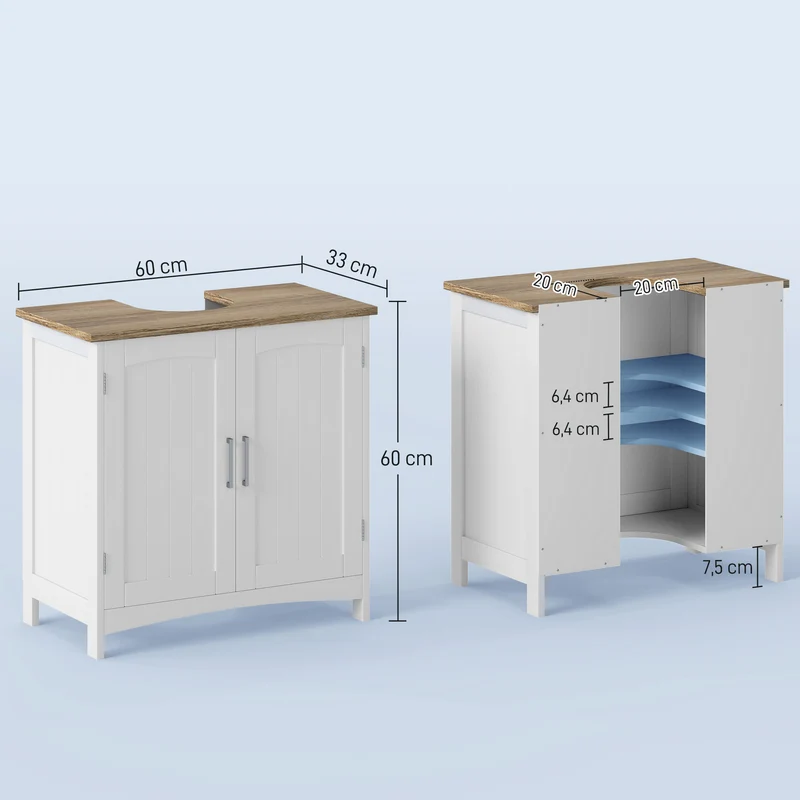 Meuble sous lavabo 2 portes 60 x 33 x 60 cm étagère réglable découpe en u contemporain épuré finition mate en MDF blanc 21_0001901