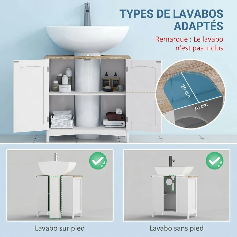 Meuble sous lavabo 2 portes 60 x 33 x 60 cm étagère réglable découpe en u contemporain épuré finition mate en MDF blanc 21_0001901