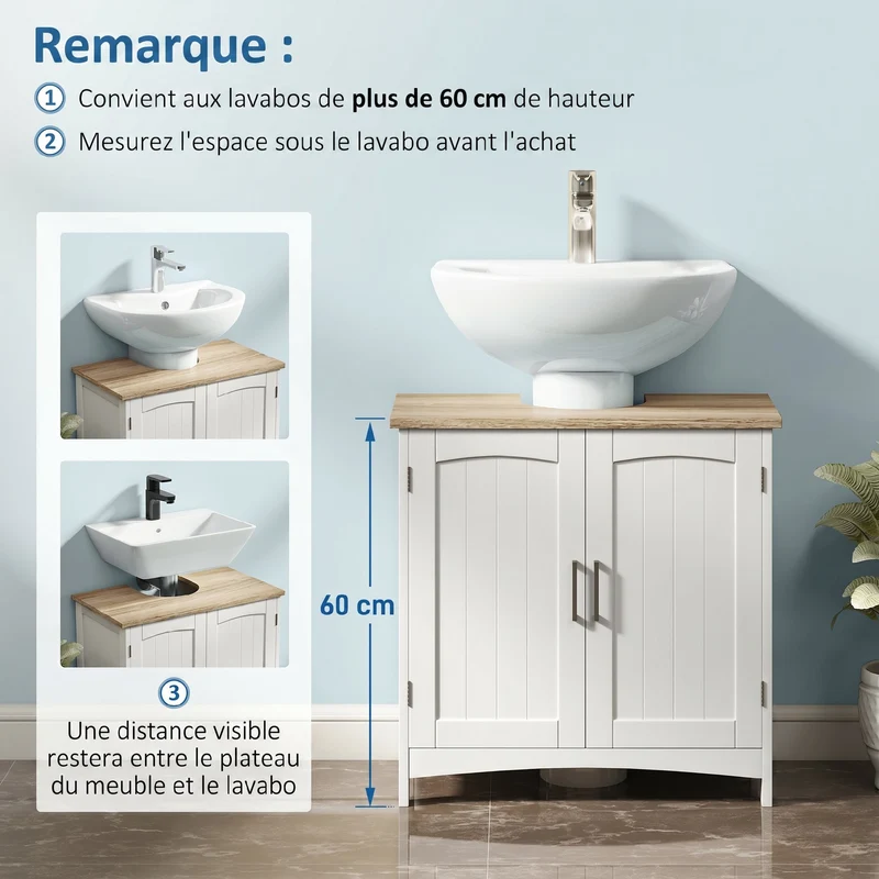 Meuble sous lavabo 2 portes 60 x 33 x 60 cm étagère réglable découpe en u contemporain épuré finition mate en MDF blanc 21_0001901