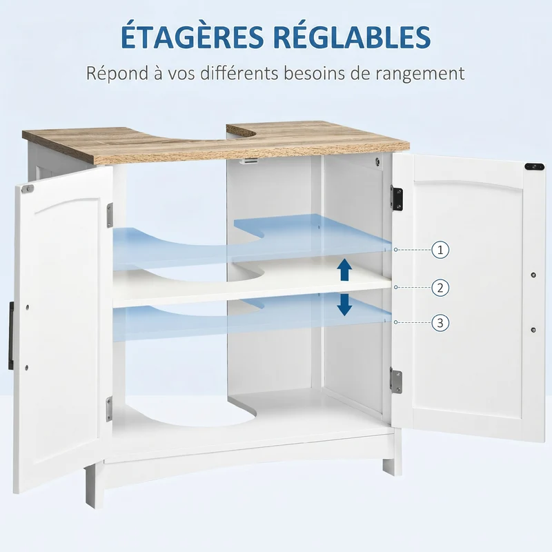 Meuble sous lavabo 2 portes 60 x 33 x 60 cm étagère réglable découpe en u contemporain épuré finition mate en MDF blanc 21_0001901