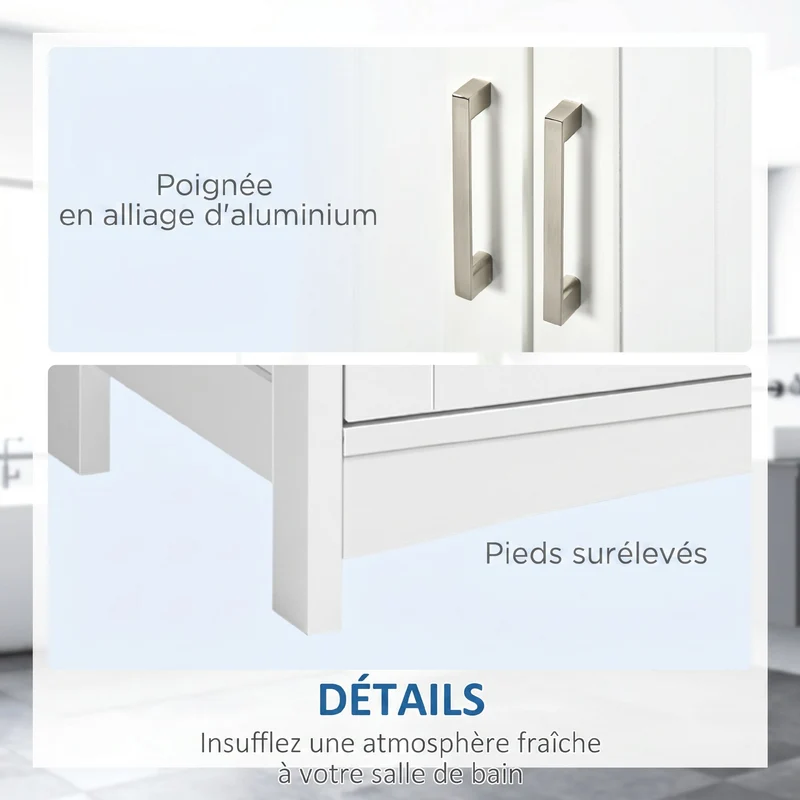 Meuble sous lavabo 2 portes 60 x 33 x 60 cm étagère réglable découpe en u contemporain épuré finition mate en MDF blanc 21_0001901