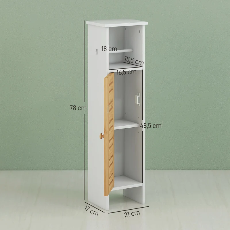 Meuble colonne porte papier toilette 21 x 17 x 78 cm rangement 3 niveaux compact scandinave rustique en bambou blanc 21_0002024