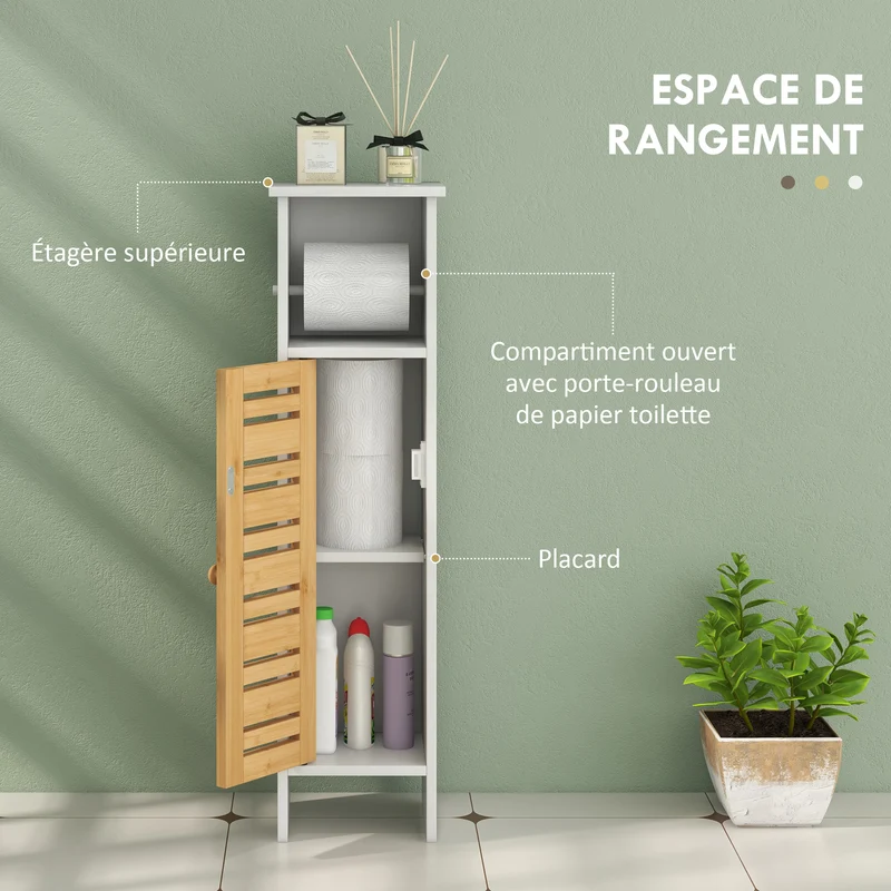 Meuble colonne porte papier toilette 21 x 17 x 78 cm rangement 3 niveaux compact scandinave rustique en bambou blanc 21_0002024