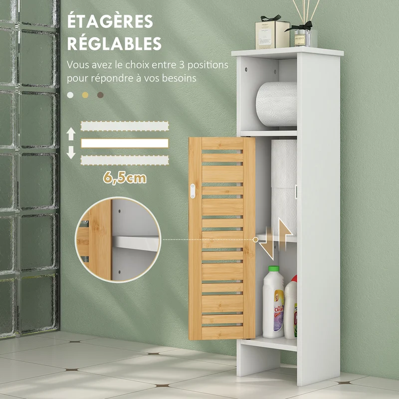 Meuble colonne porte papier toilette 21 x 17 x 78 cm rangement 3 niveaux compact scandinave rustique en bambou blanc 21_0002024