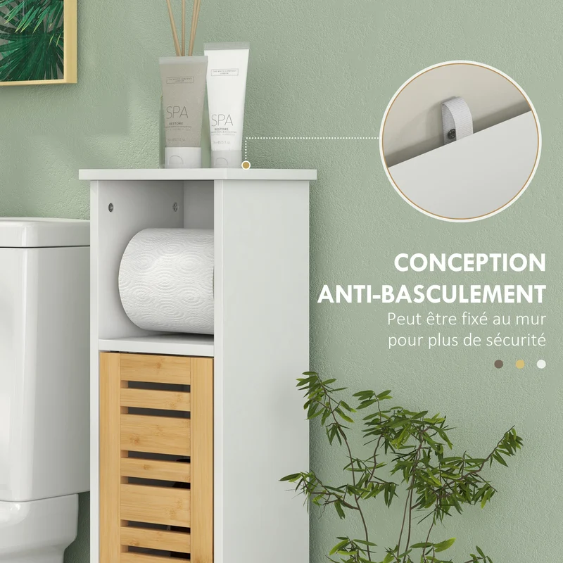 Meuble colonne porte papier toilette 21 x 17 x 78 cm rangement 3 niveaux compact scandinave rustique en bambou blanc 21_0002024