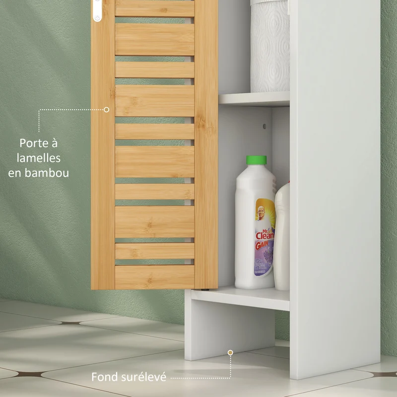 Meuble colonne porte papier toilette 21 x 17 x 78 cm rangement 3 niveaux compact scandinave rustique en bambou blanc 21_0002024
