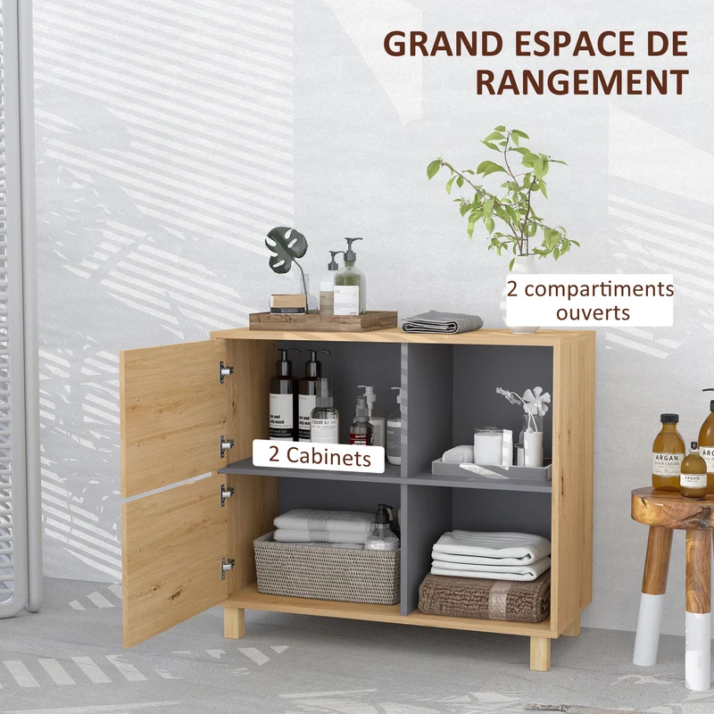 Meuble bas de salle de bain 80 x 35 x 70 cm compartiments ouverts et placard gain de place épuré en MDF bois naturel 21_0002048