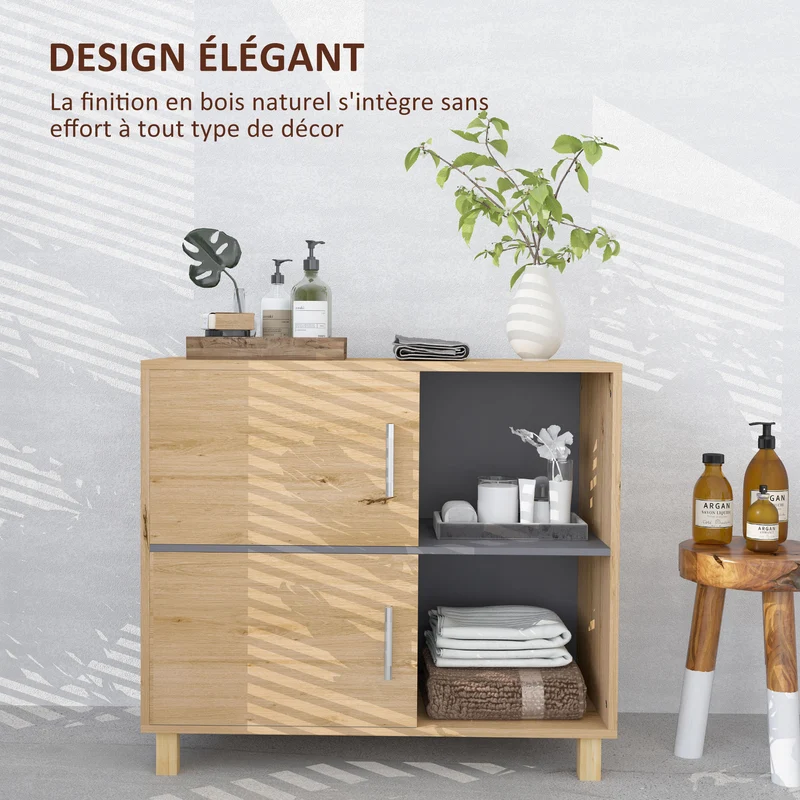 Meuble bas de salle de bain 80 x 35 x 70 cm compartiments ouverts et placard gain de place épuré en MDF bois naturel 21_0002048