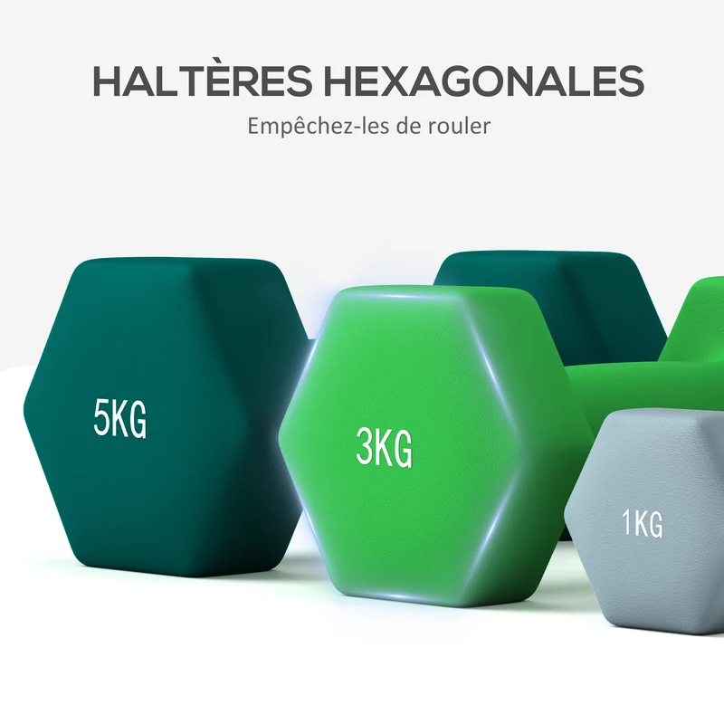 Lot de 6 haltères hexagonaux musculation 42 x 10 x 30 cm anti-roulement support convertible moderne épuré en métal gris 21_0006859