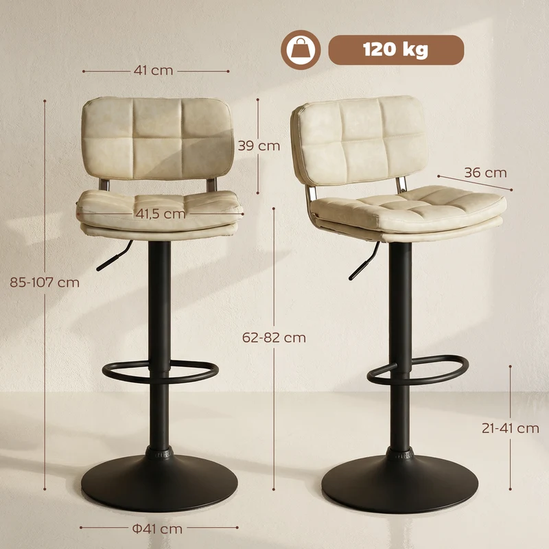 Lot de 2 tabourets de bar 41,5 x 45 x 107 cm pivotants réglables repose-pied confortable vintage capitonné en PU crème 21_0002244