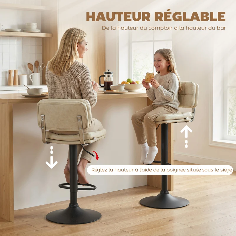 Lot de 2 tabourets de bar 41,5 x 45 x 107 cm pivotants réglables repose-pied confortable vintage capitonné en PU crème 21_0002244
