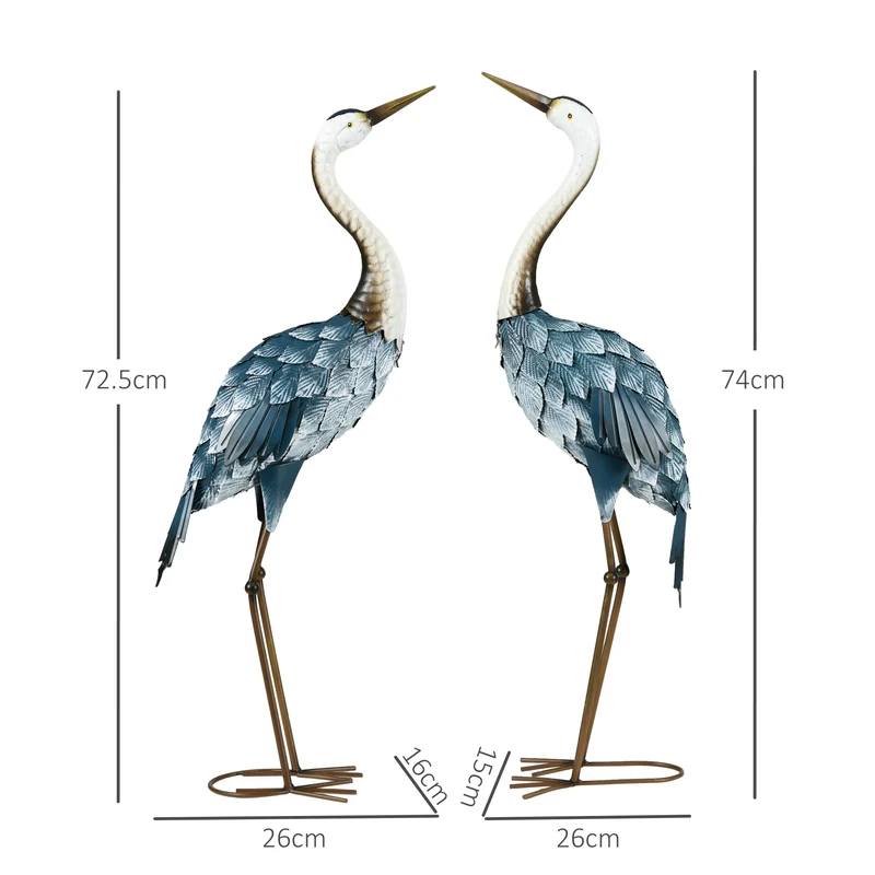 Lot de 2 statues de jardin forme grue 26 x 15 x 74 cm stables avec piquets usage extérieur contemporain en acier bleu 21_0003986