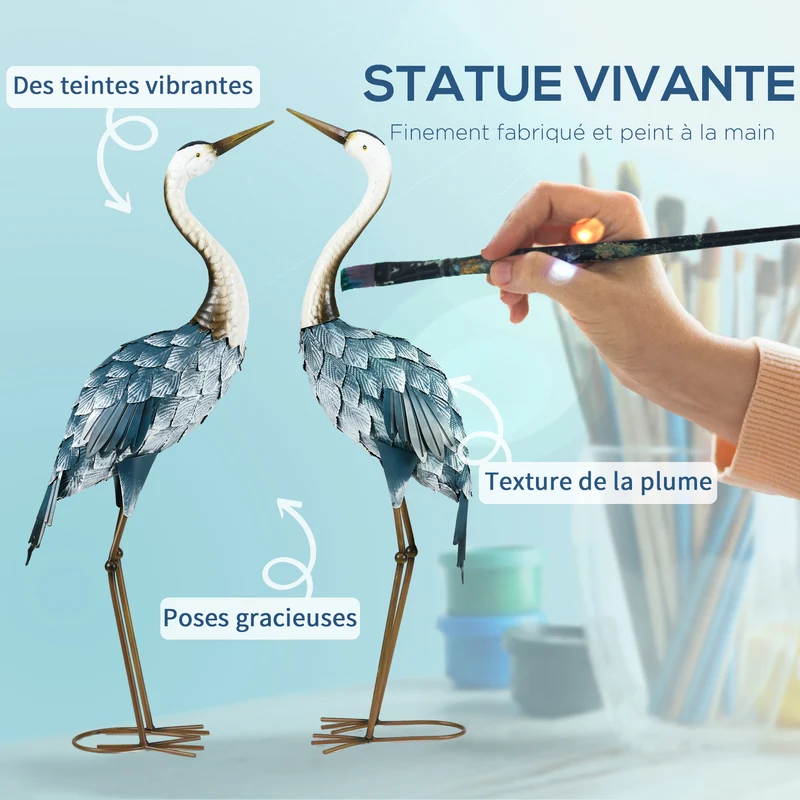 Lot de 2 statues de jardin forme grue 26 x 15 x 74 cm stables avec piquets usage extérieur contemporain en acier bleu 21_0003986
