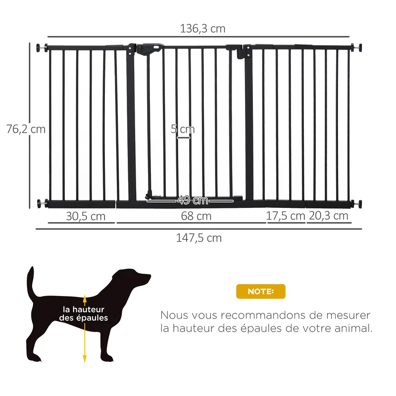 Lot de 2 barrières de sécurité porte ajustable 74-80 x 76,2 x 2 cm double verrouillage sans perçage design en acier noir 21_0007504