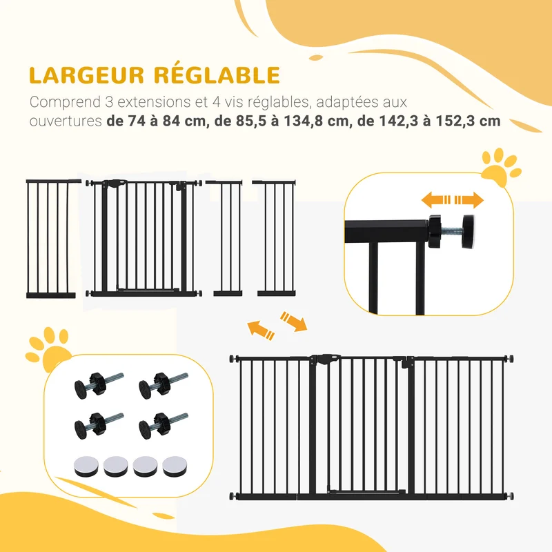 Lot de 2 barrières de sécurité porte ajustable 74-80 x 76,2 x 2 cm double verrouillage sans perçage design en acier noir 21_0007504