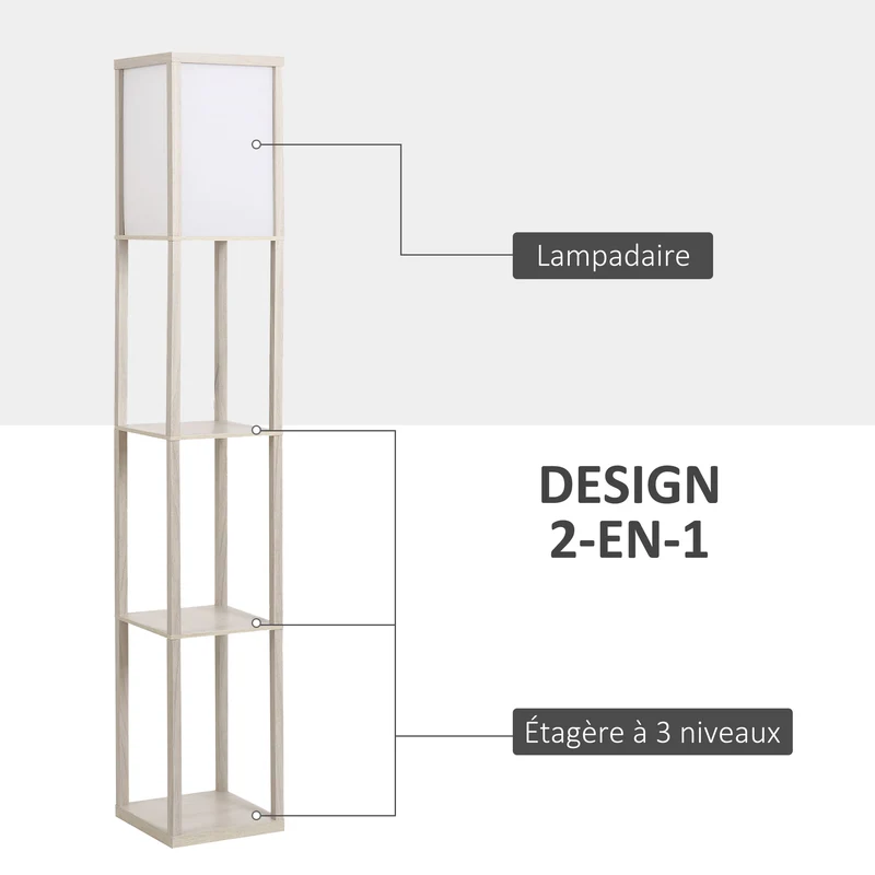 Lampadaire étagère pour salon 26 x 26 x 160 cm rangement 3 étagères éclairage intégré style scandinave en MDF gris clair 21_0001745