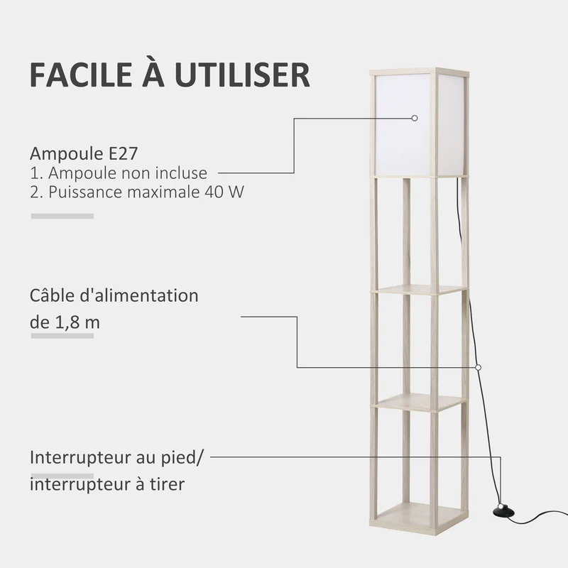 Lampadaire étagère pour salon 26 x 26 x 160 cm rangement 3 étagères éclairage intégré style scandinave en MDF gris clair 21_0001745